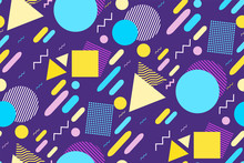 Memphis Hipster Fashion Style Geometric Pattern. Abstract Seamless Pattern With Lines, Circles, Triangles, Squares And Zigzags On A Purple Background. Vector Illustration. Beautiful Neon Trendy Colors