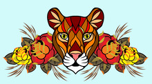 Linear Image Of A Muzzle Of A Lioness On A Background Of Flowers