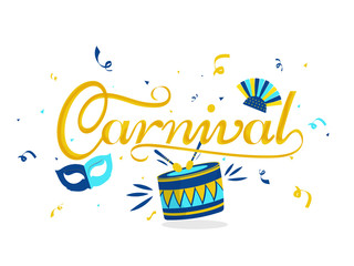 Sticker - Calligraphy of Carnival with mask, headdress and drum illustration on white background can be used as banner or poster design.