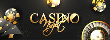 Website Header Or Banner Design With Golden Text Casino Night, Roulette Wheel, Poker Chips And Playing Cards Decorated On Black Background.