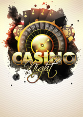 Sticker - Casino Night template or flyer design with roulette wheel, playing cards, poker chip and black splash effect on white wavy pattern background.