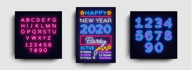 Wall Mural - 2020 Happy New Year Party Poster Neon Vector. 2020 New Year Design template for Seasonal Flyers and Greetings Card or Christmas themed invitations. Light Banner. Vector. Editing text neon sign