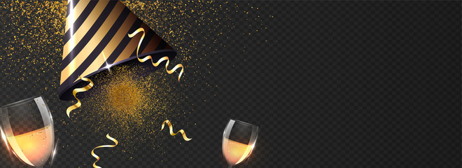 Poster - Advertising header or banner design with party hat, wine glasses and glittering effect on black transparent background.