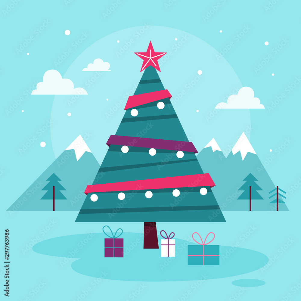 Christmas tree with red star and lights on it Stock Vector | Adobe Stock