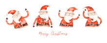 Watercolor Santa Claus Set In Naive Childish Style, Greeting Banner Decoration. Merry Christmas And Happy New Year Aqarelle Poster Isolated On White Background