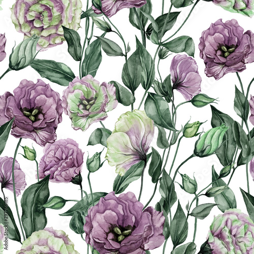 Dekoracja na wymiar  piekne-kwiaty-eustoma-lisianthus-z-liscmi-i-zamknietymi-pakami-na-bialym-tle-kwiatowy-wzor-malarstwo-akwarelowe-recznie-malowana-ilustracja-botaniczna