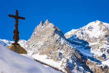 Commemorative Cross In The Mountains Near Degioz, Gran Paradiso NP, Valsavarenche, Aosta Valley, Italian Alps