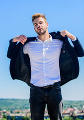 Business professional. sexy macho man. male grooming. Bearded guy business style. formal male fashion. modern lifestyle. confident businessman. carefree insurance agent. fashion model. success idea