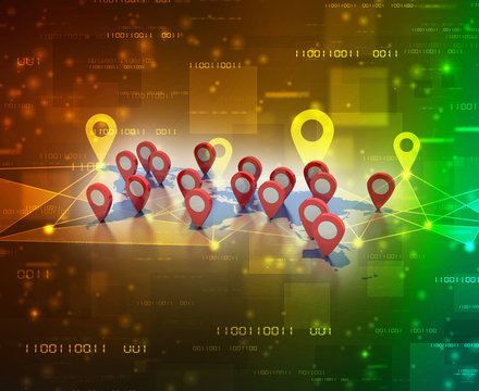 3d rendering Red map pointer with world map