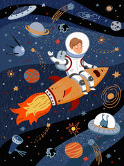 Wall Mural - cute vector illustration of an astronaut in space on a rocket. drawing of a flying cosmonaut among p