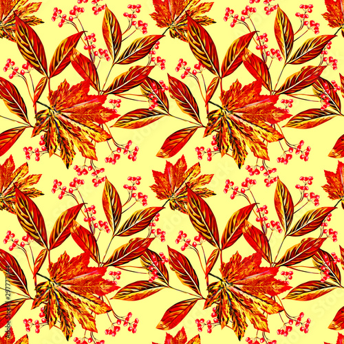 Leaves and berries illustration, seamless pattern.