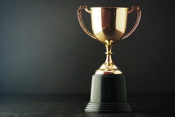 Wall Mural - gold trophy on black background, have space for ided.