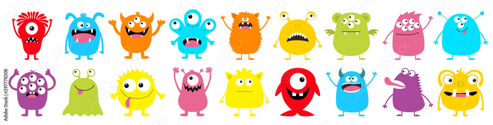 Happy Halloween. Monster colorful round silhouette icon super big set line. Eyes, tongue, tooth fang, hands up. Cute cartoon kawaii scary funny baby character.White background. Flat design. - obrazy, fototapety, plakaty 