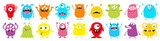 Happy Halloween. Monster colorful round silhouette icon super big set line. Eyes, tongue, tooth fang, hands up. Cute cartoon kawaii scary funny baby character.White background. Flat design.
