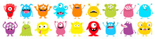Happy Halloween. Monster Colorful Round Silhouette Icon Super Big Set Line. Eyes, Tongue, Tooth Fang, Hands Up. Cute Cartoon Kawaii Scary Funny Baby Character.White Background. Flat Design.