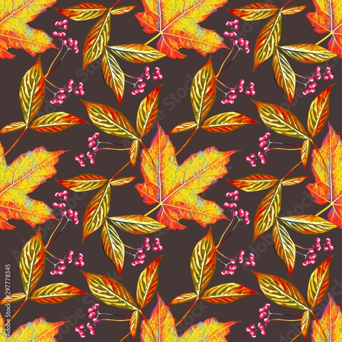 Leaves and berries illustration, seamless pattern.