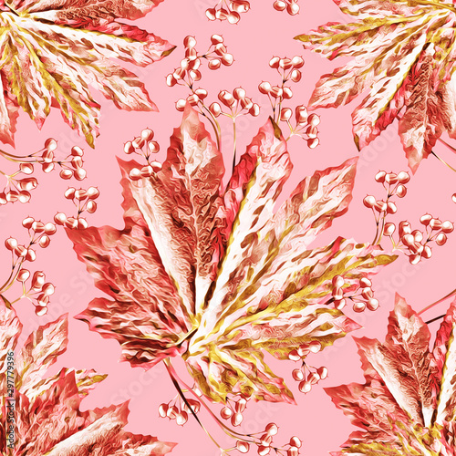 Leaves and berries illustration, seamless pattern.