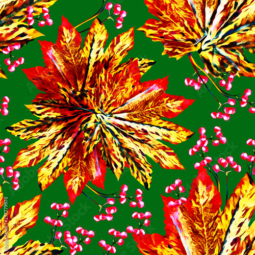 Leaves and berries illustration, seamless pattern.