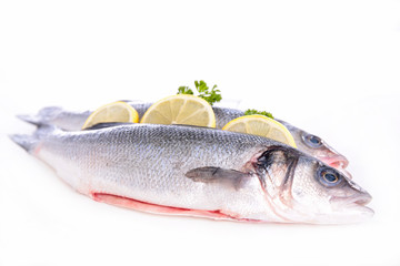 Sticker - raw fish and lemon isolated on white background