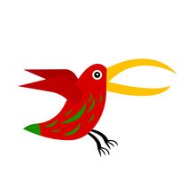 Red Bird With A Long Orange Beak And Green Patterns