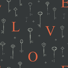 Poster - Vector seamless pattern on the theme of love with vintage keys and initial letters in retro style. Abstract background with hand-drawn illustrations. Suitable for wallpaper, wrapping paper, fabric.