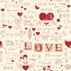 Poster - Vector seamless pattern with hearts, butterflies, cupids, initial letters, keys, keyholes and love theme letterings. Abstract background with hand written declarations of love in different languages.