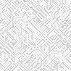 Poster - Computer circuit board texture. Seamless technology pattern. Abstract illustration of silicon chip. Digital tech background in black and white colors.
