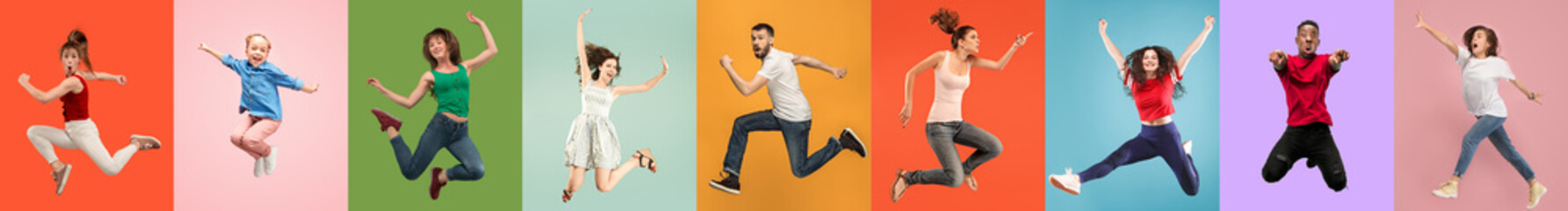 Wall Mural - Young emotional people on multicolored backgrounds. Young surprised women jumping happy. Human emotions, facial expression concept, modern technologies. Trendy colors in collage. Made of 7 models.