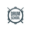 Vector logo of drum school. Logotype, symbol, icon, graphic, vector. Rock music. Drumkit tools. Isolated on white background.