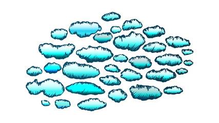 Sticker - Fluffy Clouds Cumulus Flying On Sky Ink Vector. Decorative Clouds Atmosphere Element Of Cloudy Night. Climate And Meteorology Engraving Concept Layout Designed In Vintage Style Color Illustration