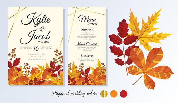 wedding invitation, menu card. leaves design autumn foliage collection oak, maple, chestnut and ash.