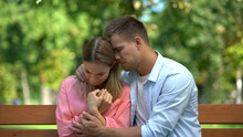 Loving Husband Comforting Crying Wife Outdoors, Family Care, Couple Support