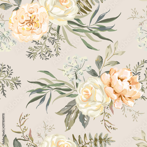 Tapety Beżowe rose-peony-flowers-with-leaves-bouquets-beige-background-floral-illustration-vector-seamless-pattern-botanical-design-nature-summer-plants-romantic-wedding