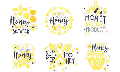 Sticker - Honey Natural Product Logo Set, Sweet Summer Hand Drawn Labels Vector Illustration