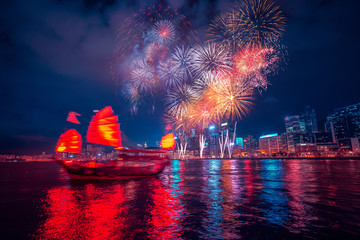 Fototapete - Firework show on Victoria Harbor  in Hong Kong 