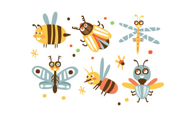 Poster - Cute Insects Set, Bee, Colorado Potato Beetle, Dragonfly, Butterfly, Wasp, Fly Childish Prints Vector Illustration