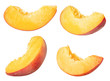 Isolated peaches. Collection of peach slices, pieces isolated on white background with clipping path