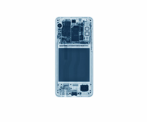 X-ray image of mobile telephone ( or cellular telephone), top view