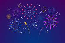 Decorative Colorful Fireworks Explosions Isolated On Dark Background. New Year's Eve Fireworks. Festive Sparks And Explosions. Element For Yor Design. Vector Illustration