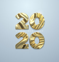 Poster - Happy New 2020 Year. Vector 3d illustration. Holiday NYE event sign. Golden metal characters 2020 with wavy sculpted pattern isolated on white. Festive banner or poster design