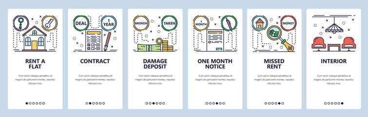 Mobile app onboarding screens. Rent a house contract, month notice, damage deposit, payment. Menu vector banner template for website and mobile development. Web site design flat illustration