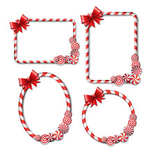 Set Of Frames Made Of Candy Cane, With Red And White Candies And Red Bow