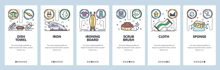 Mobile app onboarding screens. Home cleaning accessories, iron, ironing board, sponge, towel. Menu vector banner template for website and mobile development. Web site design flat illustration