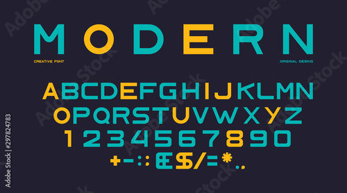 Latin font alphabet, numbers and punctuation, sans serif characters in modern...