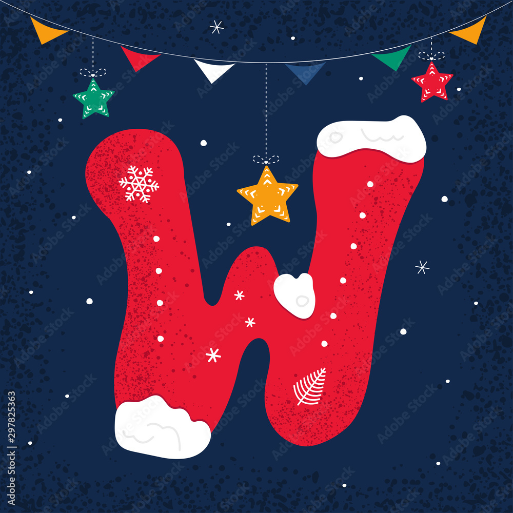 Winter Decorated Alphabet. Snow holiday letter W Stock Vector | Adobe Stock