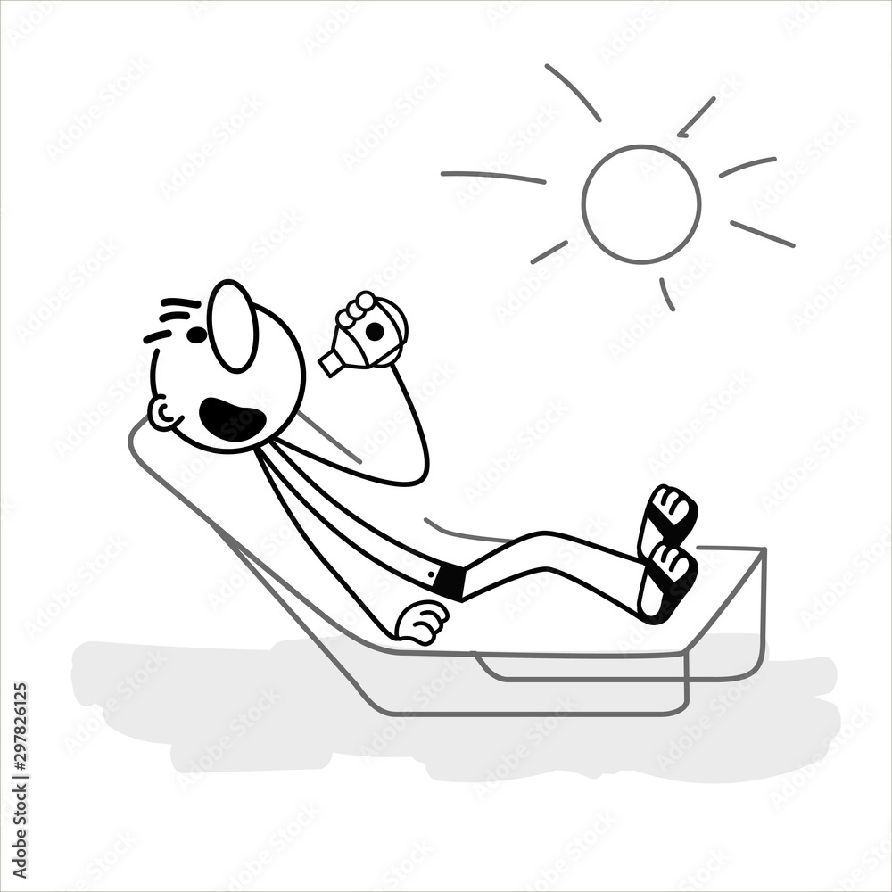 Doodle stick figure: Boy sunbathing and drinking water. Vector. Stock  Vector | Adobe Stock, image size:1000x1000