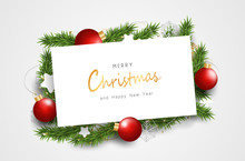 Merry Christmas And Happy New Year On White Sign. Clean Background With Typography And Elements.