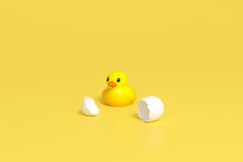 Yellow Little Duck Doll, Yellow Rubber Duck Doll, Duck Bath Toy, Baby Toy On Yellow Background 3d Rendering. Duckling Toy Hatch From Egg 3d Illustration Minimal Style Concept.