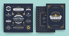 Christmas Labels And Badges Vector Design Elements Set With Greeting Card Template.
