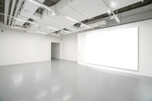 Museum Of Modern Art.Empty Gallery Interior Space, White Walls And Grey Floors